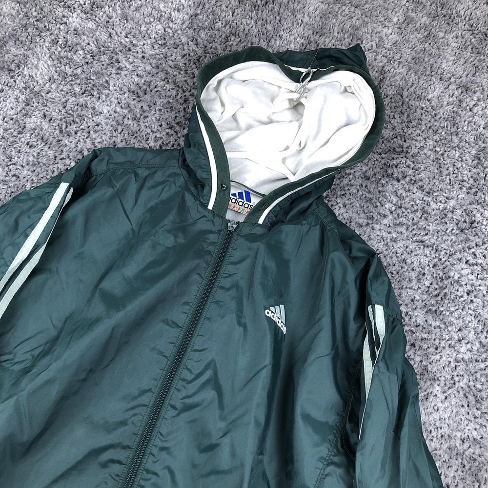 Adidas Jacket Mens Medium Green Hooded Full Zip‎ Windbreaker Lined Logo Athletic